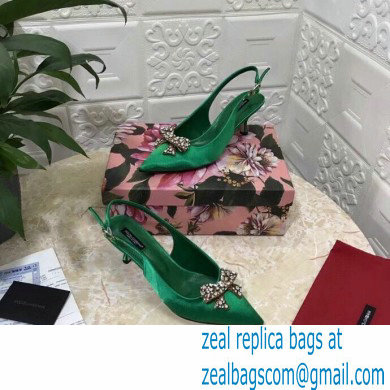 Dolce  &  Gabbana Heel 6.5cm Satin Slingbacks Green with Crystal Bow 2021